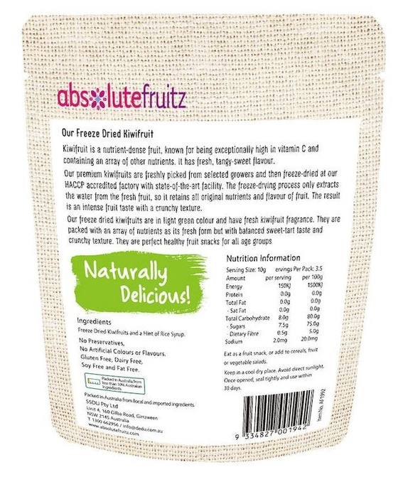 Absolutefruitz Freeze Dried Kiwifruits 35g Back of Pack.