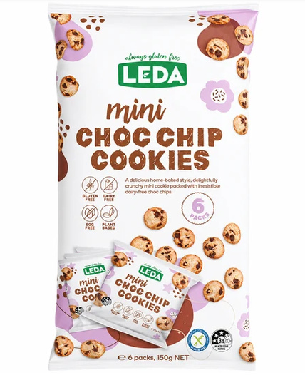 Leda Mini Choc Chip Cookies 6 Pack 150g Front of Pack.