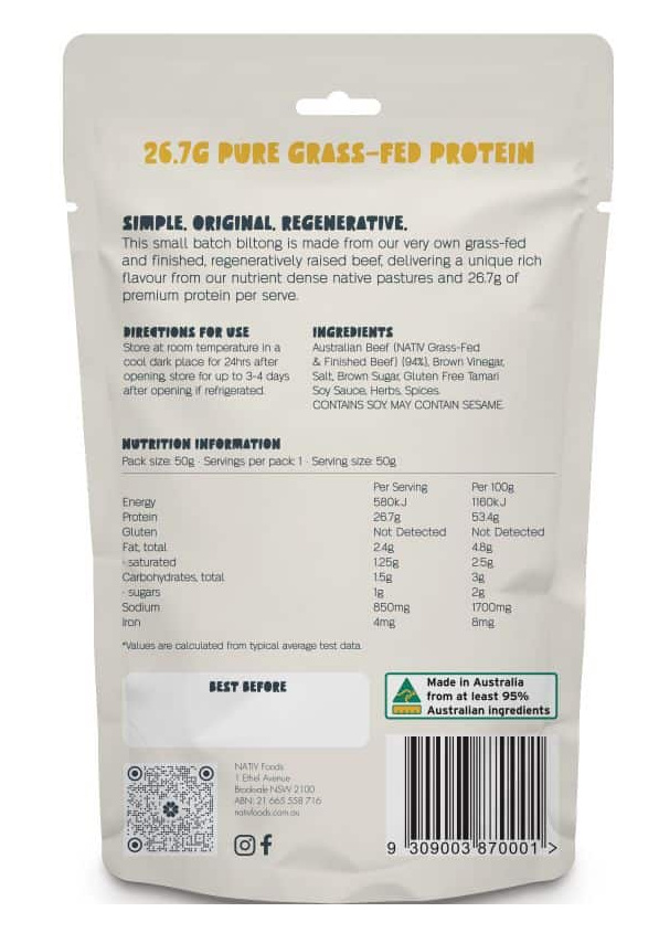 NATIV Foods Biltong Original 50g Back of Pack.