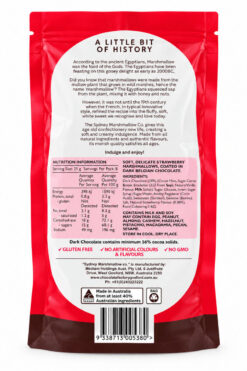 The Sydney Marshmallow Co Chocolate Strawberry Marshmallow 200g Back of Pack.