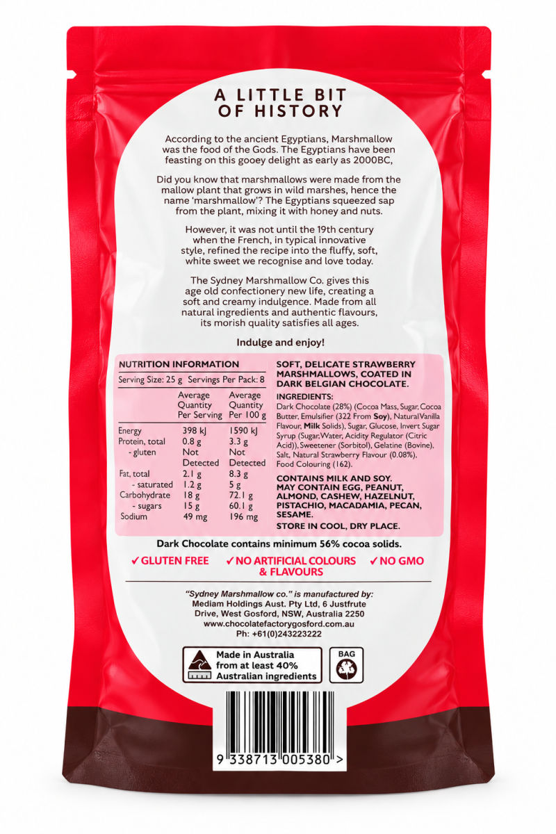 The Sydney Marshmallow Co Chocolate Strawberry Marshmallow 200g Back of Pack.