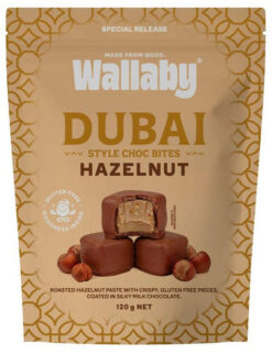 Wallaby Dubai Style Choc Bite Hazelnut 120g Front of Pack.