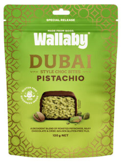 Wallaby Dubai Style Choc Bites Pistachio 120g Front of Pack Shot